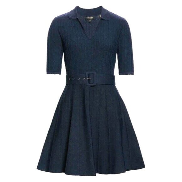 NWT Ted Baker Aleee in Navy Blue Belted Knit Collared Skater Dress 3 / US M $279 - Picture 1 of 11